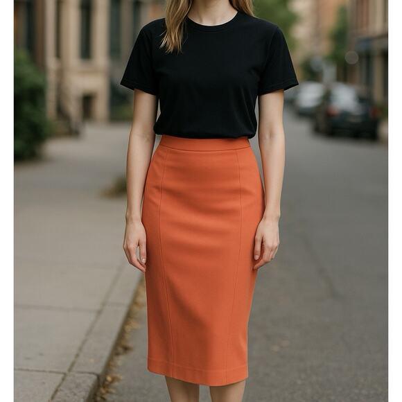 Piazza Sempione IT 48 US 8/10 Wool Fall Terracotta Orange Stretch Pencil Skirt - Picture 11 of 15